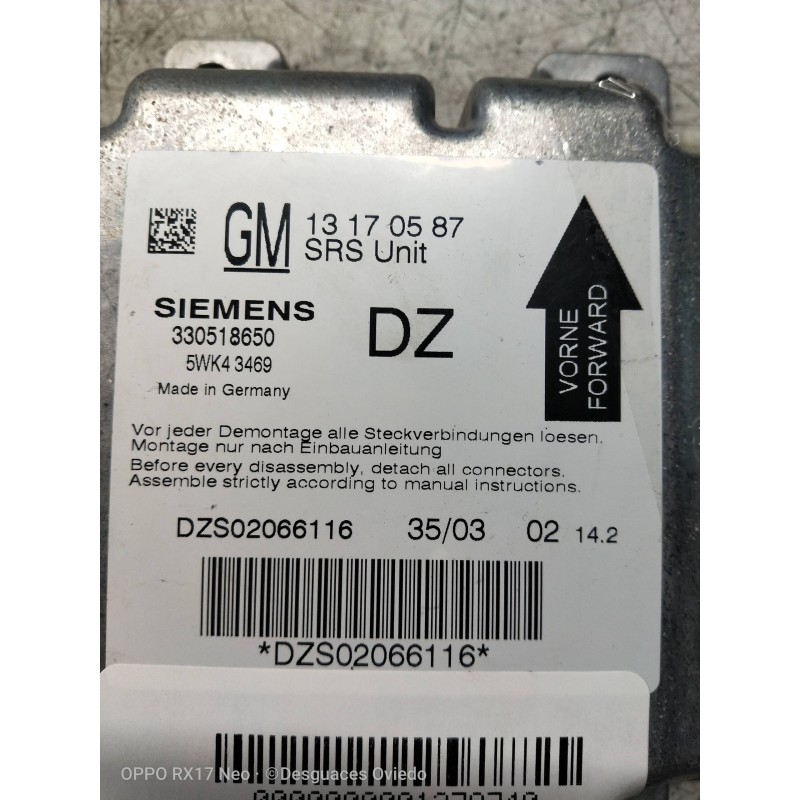 Recambio de centralita airbag para opel vectra c berlina 2.2 16v dti cat (y 22 dtr / l50) referencia OEM IAM 5WK43469 13170587 