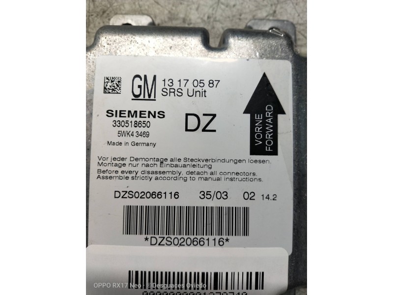 Recambio de centralita airbag para opel vectra c berlina 2.2 16v dti cat (y 22 dtr / l50) referencia OEM IAM 5WK43469 13170587 