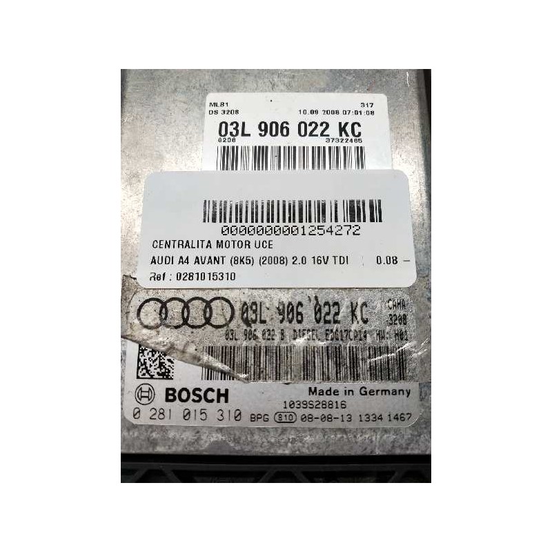 Recambio de centralita motor uce para audi a4 avant (8k5) (2008) 2.0 16v tdi referencia OEM IAM 0281015310 03L906022KC 