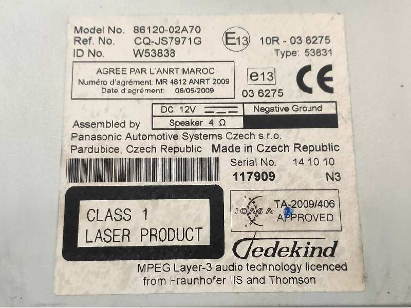 Recambio de sistema audio / radio cd para toyota auris active referencia OEM IAM 8612002A70 CQJS7971G 