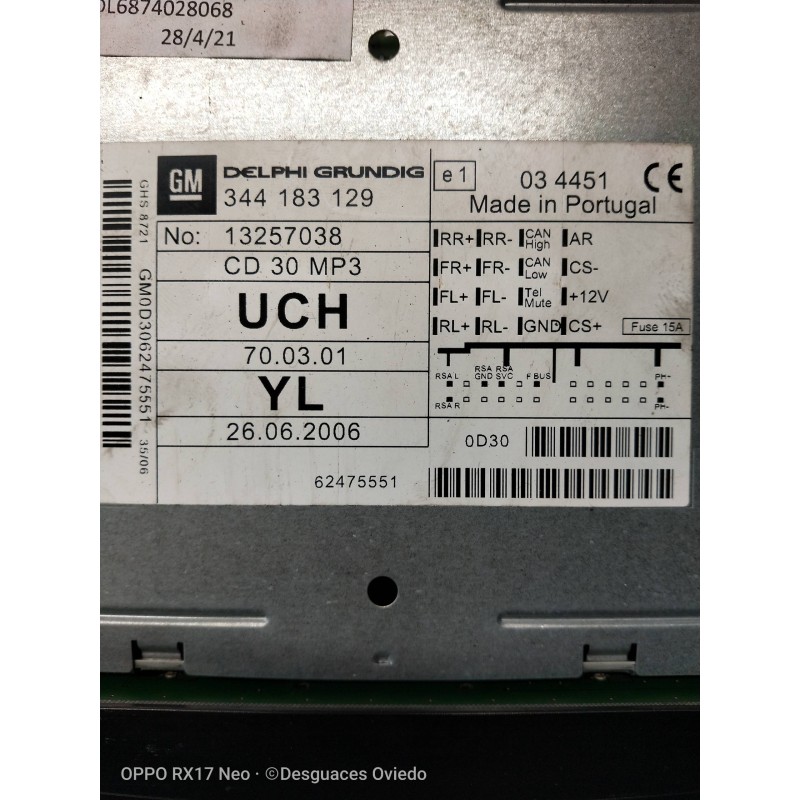 Recambio de sistema audio / radio cd para opel corsa d enjoy referencia OEM IAM 13257038  