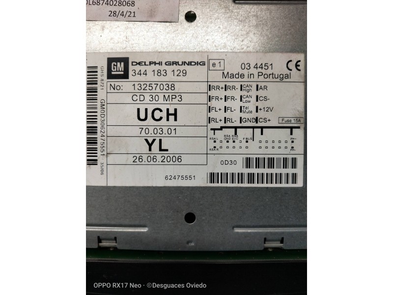 Recambio de sistema audio / radio cd para opel corsa d enjoy referencia OEM IAM 13257038  