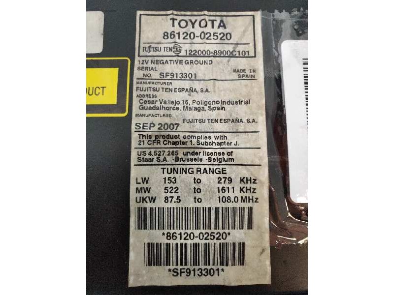 Recambio de sistema audio / radio cd para toyota auris luna referencia OEM IAM 8612002520 1220008900C101 861201A230