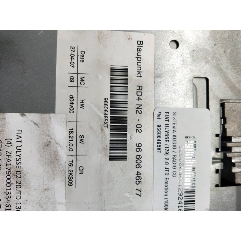 Recambio de sistema audio / radio cd para fiat ulysse (179) 2.0 jtd emotion (100kw) referencia OEM IAM 96606465XT  