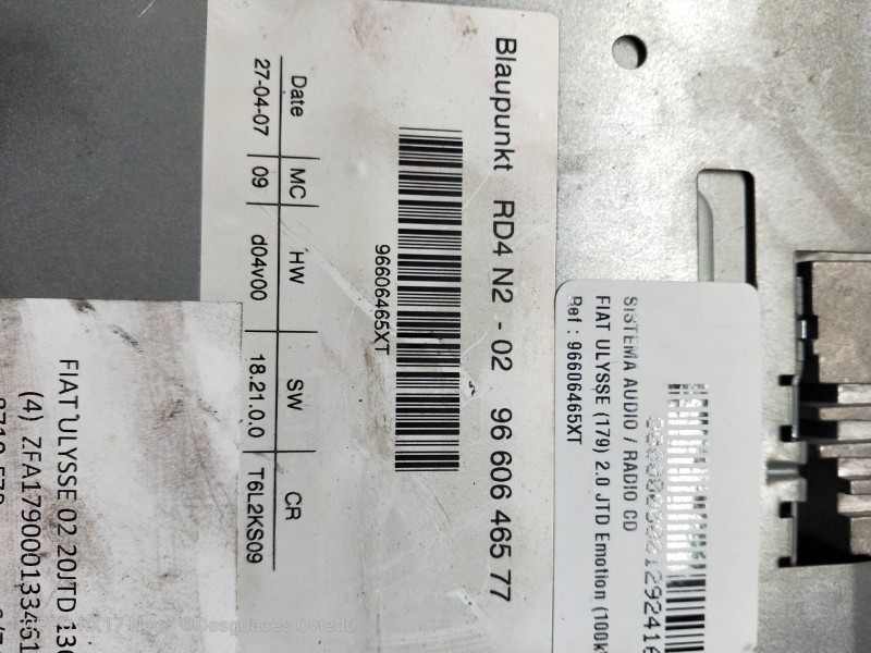 Recambio de sistema audio / radio cd para fiat ulysse (179) 2.0 jtd emotion (100kw) referencia OEM IAM 96606465XT  