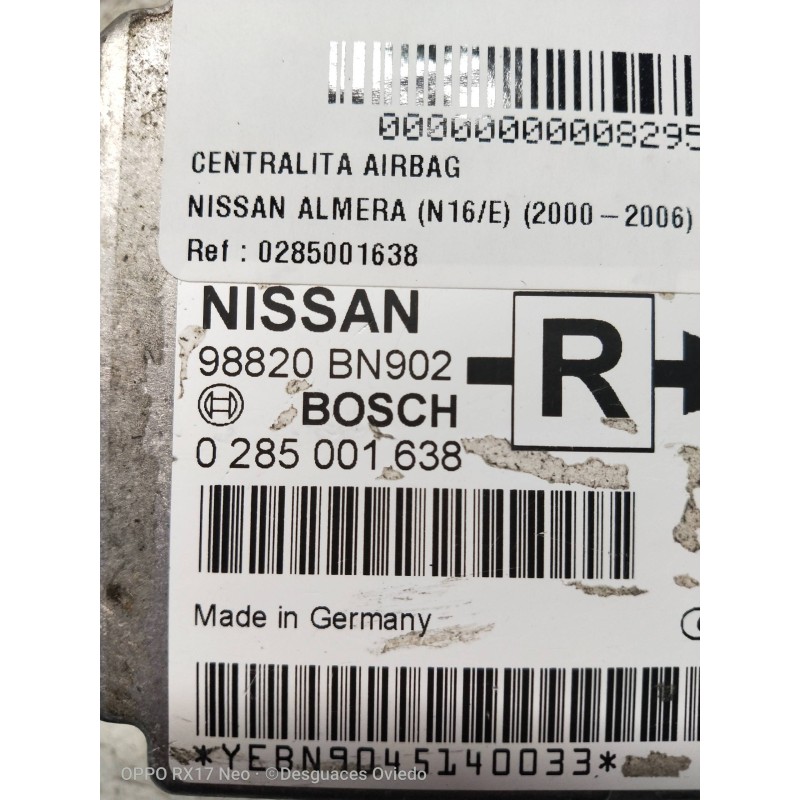 Recambio de centralita airbag para nissan almera (n16/e) 2.2 dci diesel cat referencia OEM IAM 0285001638 98820BN902  Recambio de centralita airbag para nissan almera (n16/e) 2.2 dci diesel cat referencia OEM IAM 0285001638 98820BN902