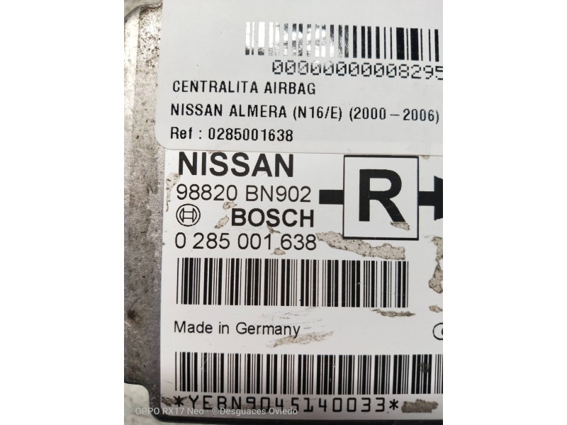 Recambio de centralita airbag para nissan almera (n16/e) 2.2 dci diesel cat referencia OEM IAM 0285001638 98820BN902  Recambio de centralita airbag para nissan almera (n16/e) 2.2 dci diesel cat referencia OEM IAM 0285001638 98820BN902