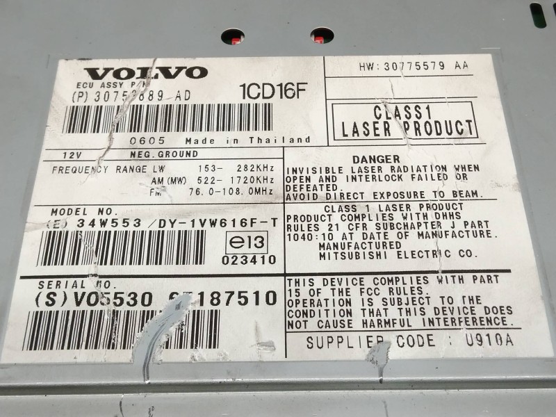 Recambio de sistema audio / radio cd para volvo v50 familiar 2.0 d kinetic referencia OEM IAM 30752889AD 1CD16F 30737809
