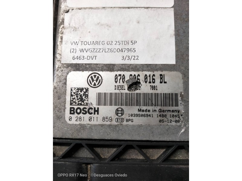 Recambio de centralita motor uce para volkswagen touareg (7la) tdi r5 referencia OEM IAM 0281011859 070906016BL 