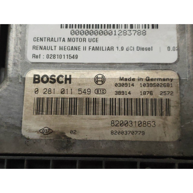 Recambio de centralita motor uce para renault megane ii familiar 1.9 dci diesel referencia OEM IAM 0281011549 8200310863 8200370