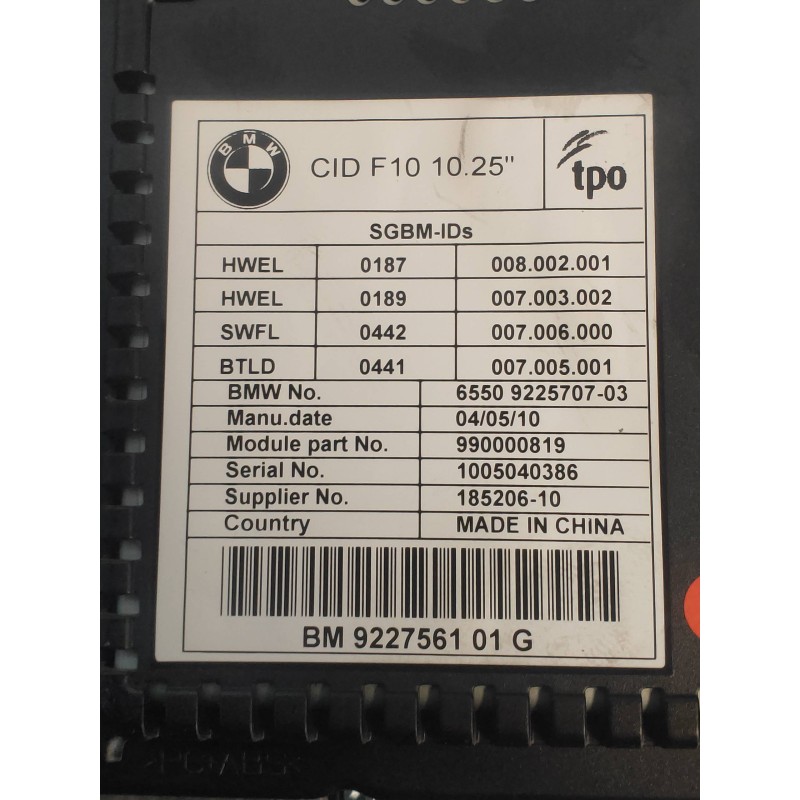 Recambio de pantalla multifuncion para bmw serie 5 lim. (f10) 525d referencia OEM IAM 922756101G 6550922570703 990000819