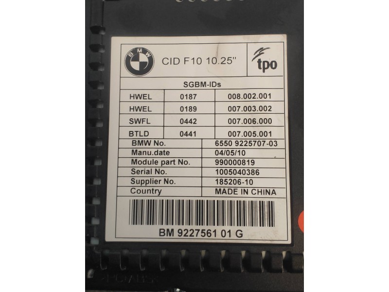 Recambio de pantalla multifuncion para bmw serie 5 lim. (f10) 525d referencia OEM IAM 922756101G 6550922570703 990000819