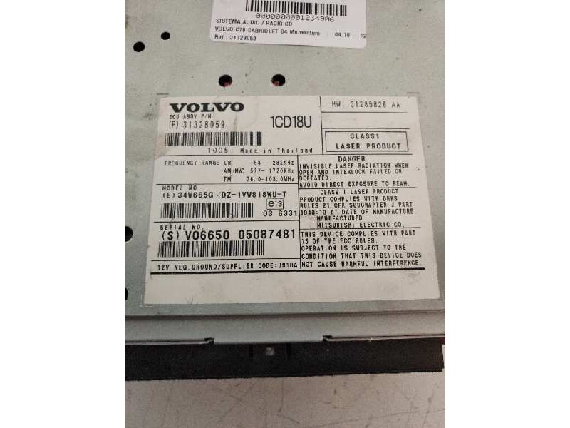 Recambio de sistema audio / radio cd para volvo c70 cabriolet d4 momentum referencia OEM IAM 31328059 V0665005087481 