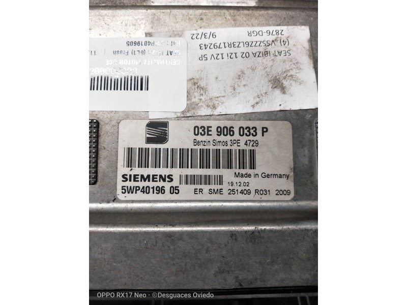 Recambio de centralita motor uce para seat ibiza (6l1) fresh referencia OEM IAM 5WP4019605 03E906033P 