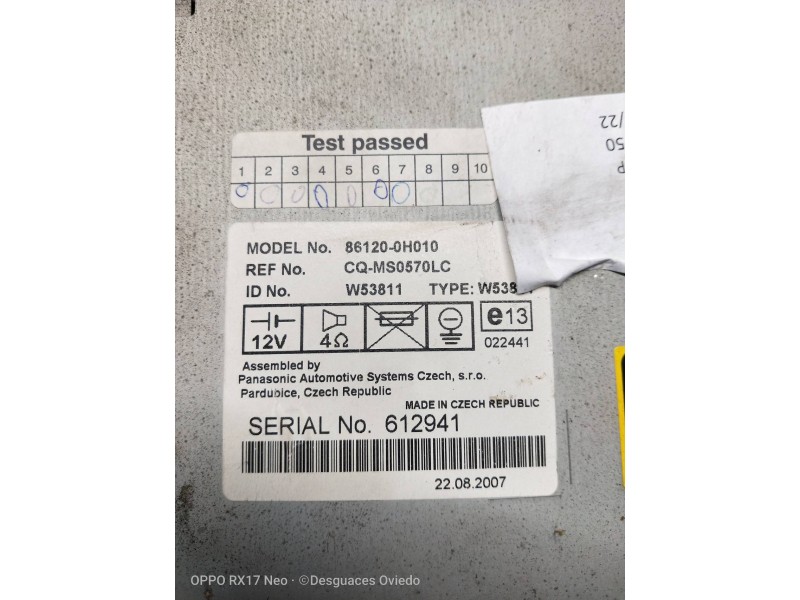 Recambio de sistema audio / radio cd para toyota aygo (kgb/wnb) básico referencia OEM IAM 861200H010  