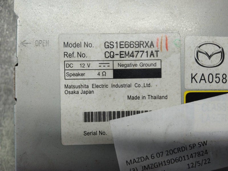 Recambio de sistema audio / radio cd para mazda 6 kombi (gh) 2.0 crtd 140cv active sw referencia OEM IAM GS1E669RXA CQEM4771AT 