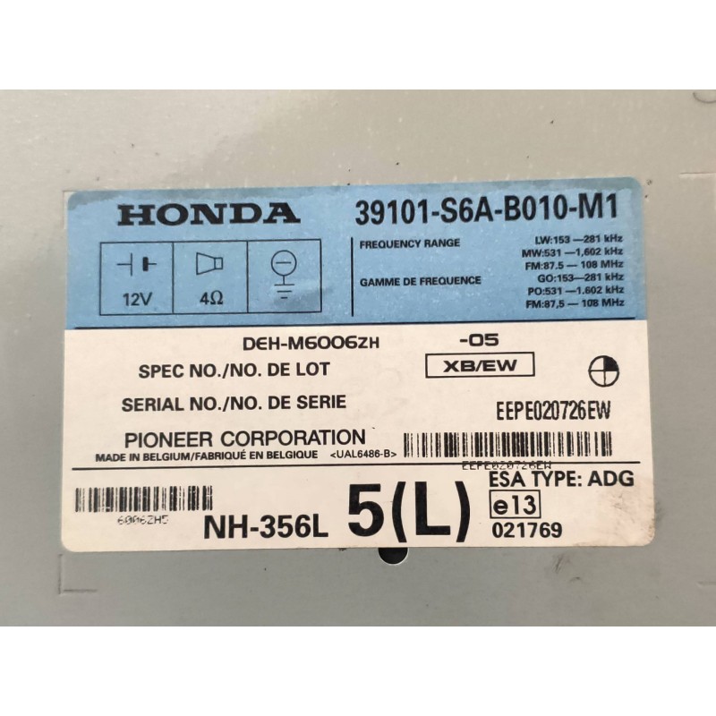Recambio de sistema audio / radio cd para honda civic berlina 5 (eu7/8) 1.7 ctdi es referencia OEM IAM 39101S6AB010M1  