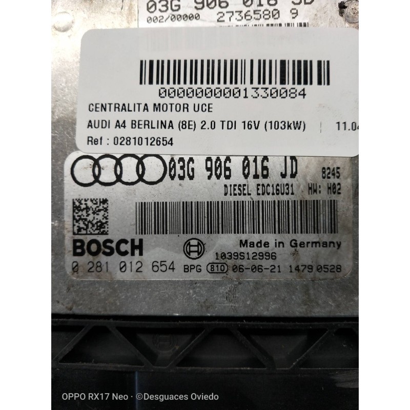 Recambio de centralita motor uce para audi a4 berlina (8e) 2.0 tdi 16v (103kw) referencia OEM IAM 0281012654 03G906016JD EDC16