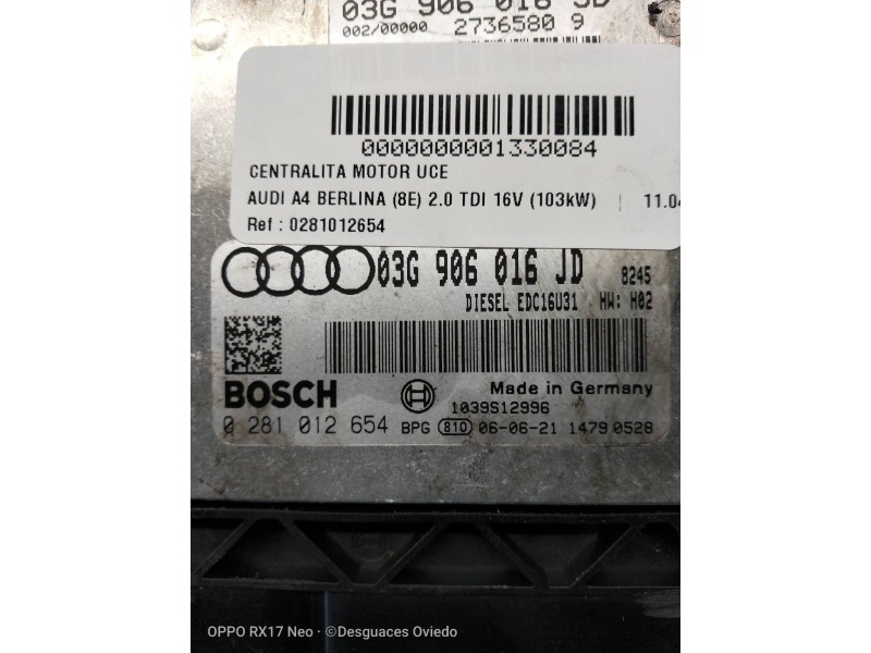 Recambio de centralita motor uce para audi a4 berlina (8e) 2.0 tdi 16v (103kw) referencia OEM IAM 0281012654 03G906016JD EDC16