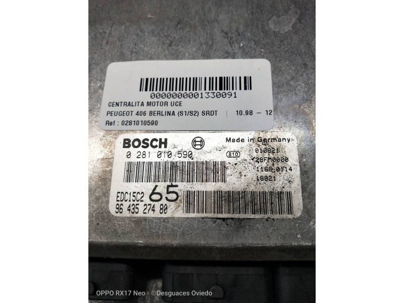 Recambio de centralita motor uce para peugeot 406 berlina (s1/s2) srdt referencia OEM IAM 0281010590 9643527480 EDC15