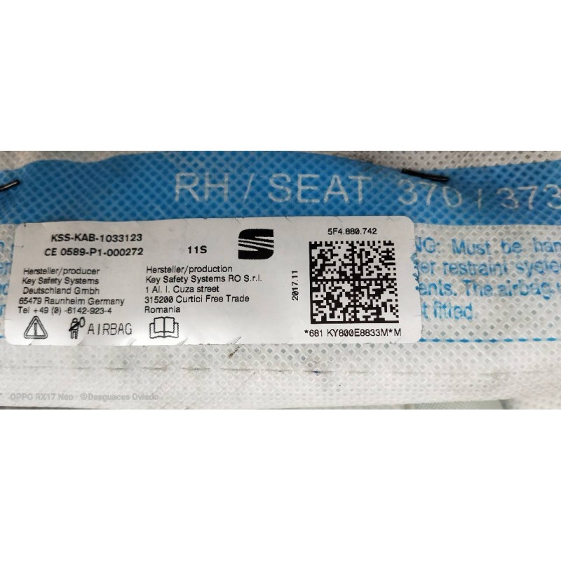 Recambio de airbag cortina delantero derecho para seat leon (5f1) reference plus referencia OEM IAM 5F4880742  