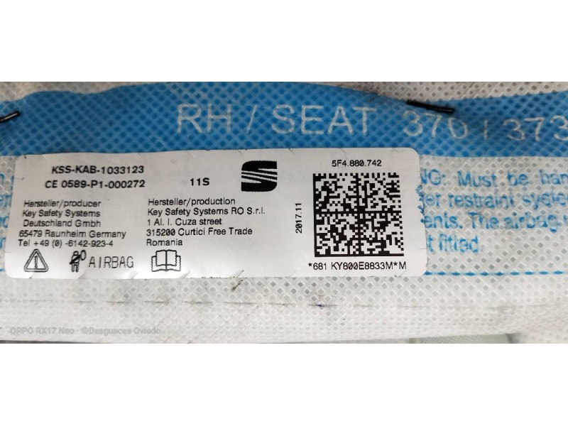 Recambio de airbag cortina delantero derecho para seat leon (5f1) reference plus referencia OEM IAM 5F4880742  