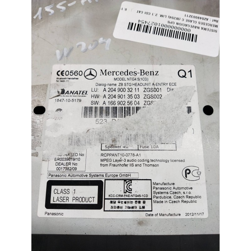 Recambio de sistema navegacion gps para mercedes clase c (w204) lim. 2.1 cdi cat referencia OEM IAM A2049003211 A2049013503 A166