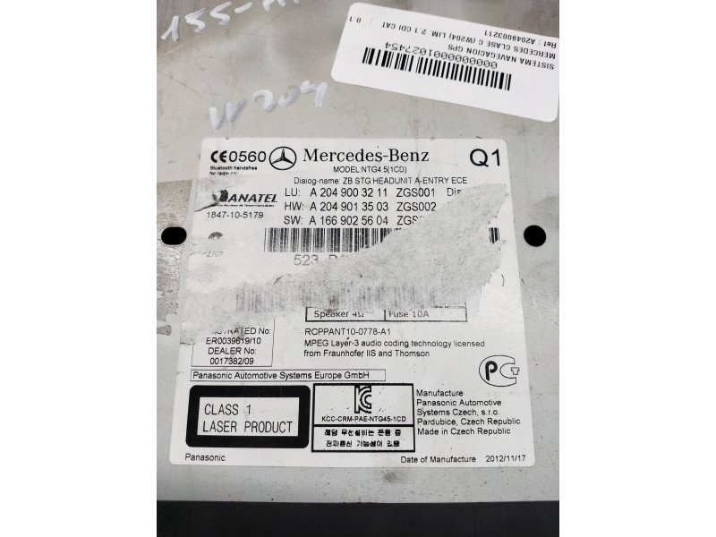 Recambio de sistema navegacion gps para mercedes clase c (w204) lim. 2.1 cdi cat referencia OEM IAM A2049003211 A2049013503 A166