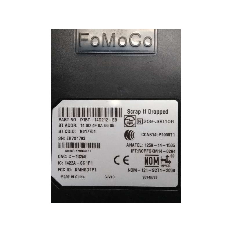 Recambio de modulo bluetooth para ford fiesta (ccn) 1.25 16v cat referencia OEM IAM D1BT14D212EB B017701 KMHSG1P1