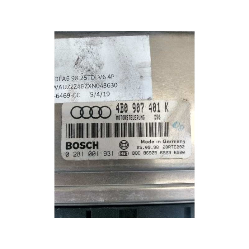 Recambio de centralita motor uce para audi a6 berlina (4b2) 2.5 tdi referencia OEM IAM 0281001931 4B0907401K D50