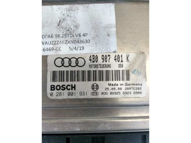 Recambio de centralita motor uce para audi a6 berlina (4b2) 2.5 tdi referencia OEM IAM 0281001931 4B0907401K D50