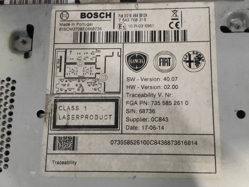 Recambio de sistema audio / radio cd para abarth nuova 500 (150) 595 competizione referencia OEM IAM 7643708316  