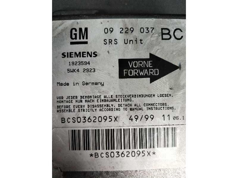 Recambio de centralita airbag para opel astra g berlina sportive referencia OEM IAM 5WK42923 09229037 