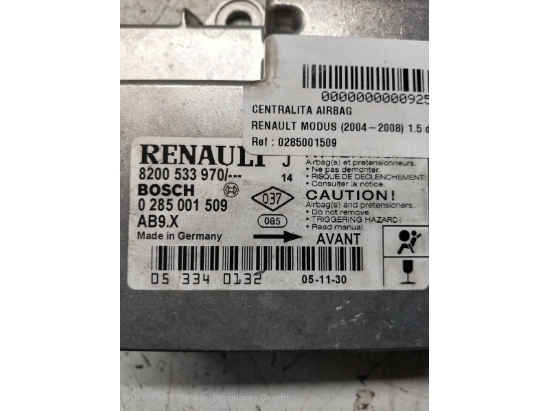 Recambio de centralita airbag para renault modus 1.5 dci diesel cat referencia OEM IAM 0285001509 8200533970 
