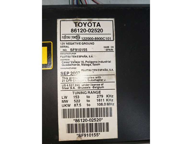Recambio de sistema audio / radio cd para toyota auris 1.6 16v cat referencia OEM IAM 8612002520  