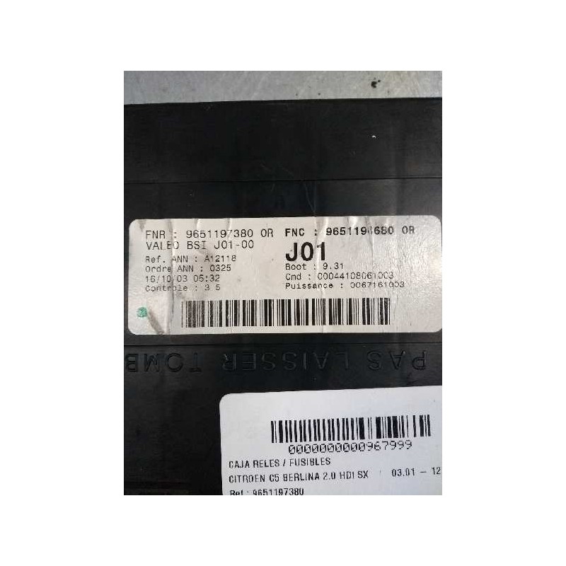 Recambio de caja reles / fusibles para citroen c5 berlina 2.0 hdi sx referencia OEM IAM 9651197380 BSI J01 00 
