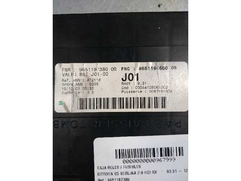 Recambio de caja reles / fusibles para citroen c5 berlina 2.0 hdi sx referencia OEM IAM 9651197380 BSI J01 00 