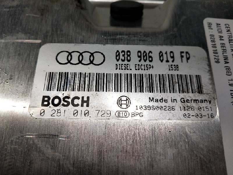 Recambio de centralita motor uce para audi a4 berlina (8e) 1.9 tdi (96kw) referencia OEM IAM 0281010729 038906019FP EDC15P
