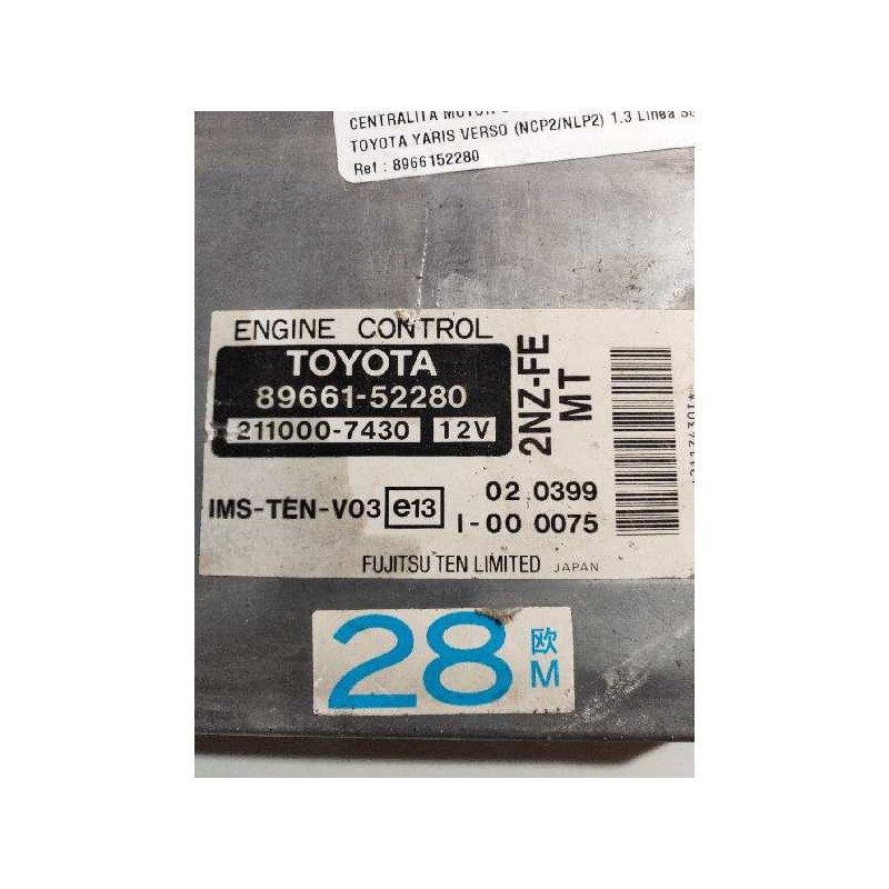Recambio de centralita motor uce para toyota yaris verso (ncp2/nlp2) 1.3 linea sol referencia OEM IAM 8966152280 2110007430 2NZF