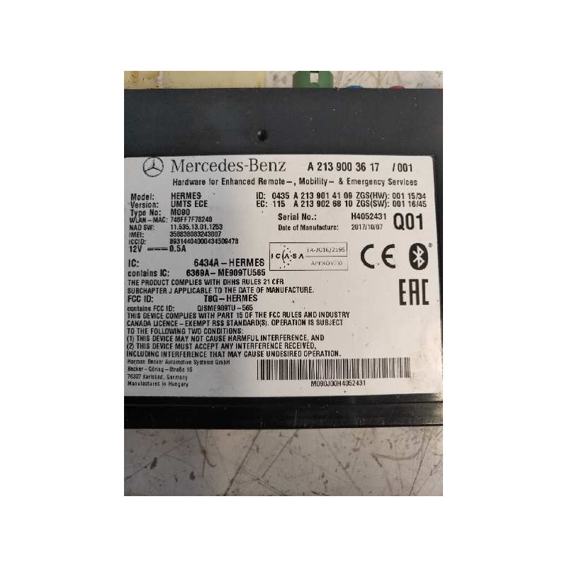 Recambio de modulo bluetooth para mercedes clase c (w205) lim. c 220 cdi bluetec (205.004) referencia OEM IAM A2139003617 A21390
