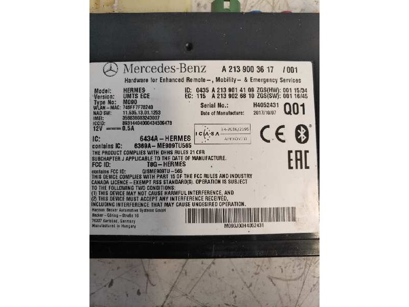 Recambio de modulo bluetooth para mercedes clase c (w205) lim. c 220 cdi bluetec (205.004) referencia OEM IAM A2139003617 A21390