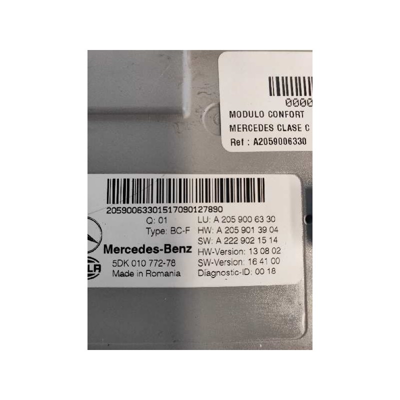 Recambio de modulo confort para mercedes clase c (w205) lim. c 220 cdi bluetec (205.004) referencia OEM IAM A2059006330 A2059013