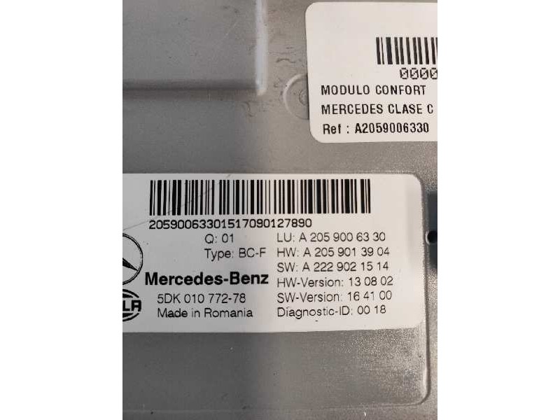 Recambio de modulo confort para mercedes clase c (w205) lim. c 220 cdi bluetec (205.004) referencia OEM IAM A2059006330 A2059013
