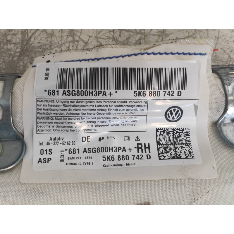 Recambio de airbag cortina delantero derecho para volkswagen golf vi (5k1) gti referencia OEM IAM 5K6880742D  5K6880742F