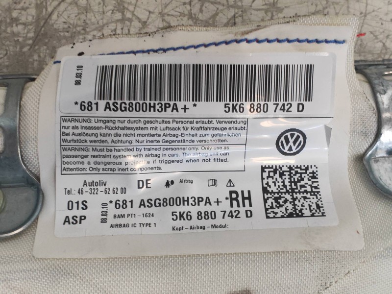 Recambio de airbag cortina delantero derecho para volkswagen golf vi (5k1) gti referencia OEM IAM 5K6880742D  5K6880742F