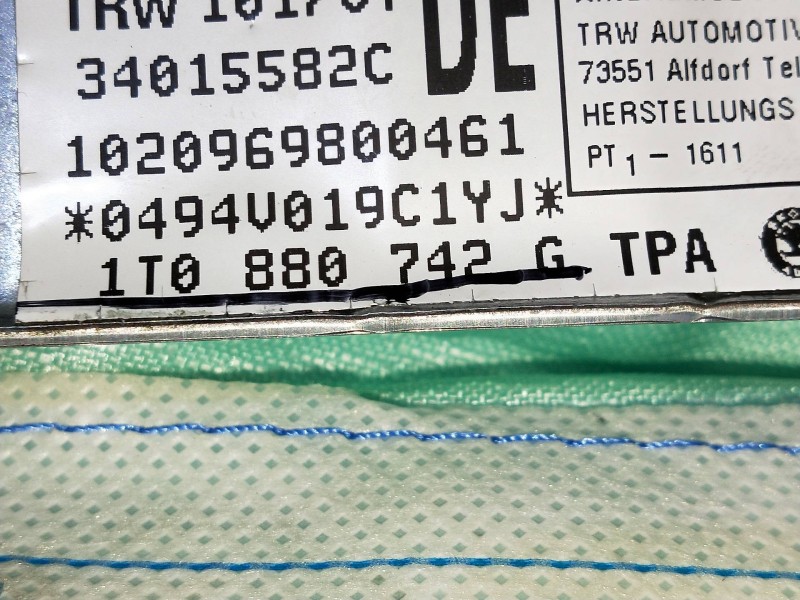 Recambio de airbag cortina delantero derecho para volkswagen touran (1t2) highline referencia OEM IAM 1T0880742G  