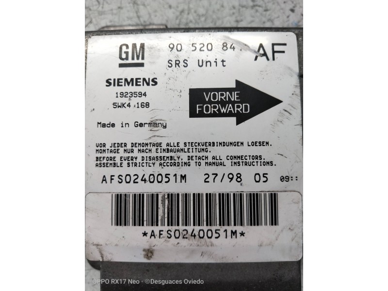 Recambio de centralita airbag para opel astra g berlina referencia OEM IAM 5WK4168 9052084 AFS0240051M Recambio de centralita airbag para opel astra g berlina referencia OEM IAM 5WK4168 9052084 AFS0240051M