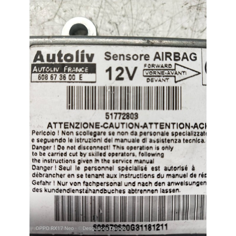 Recambio de centralita airbag para fiat doblo i cargo 1.3 16v jtd cat referencia OEM IAM 608673600E 51772803 