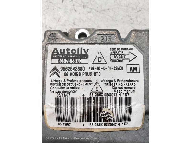 Recambio de centralita airbag para citroen c4 coupe collection referencia OEM IAM 603725800 9662643680 