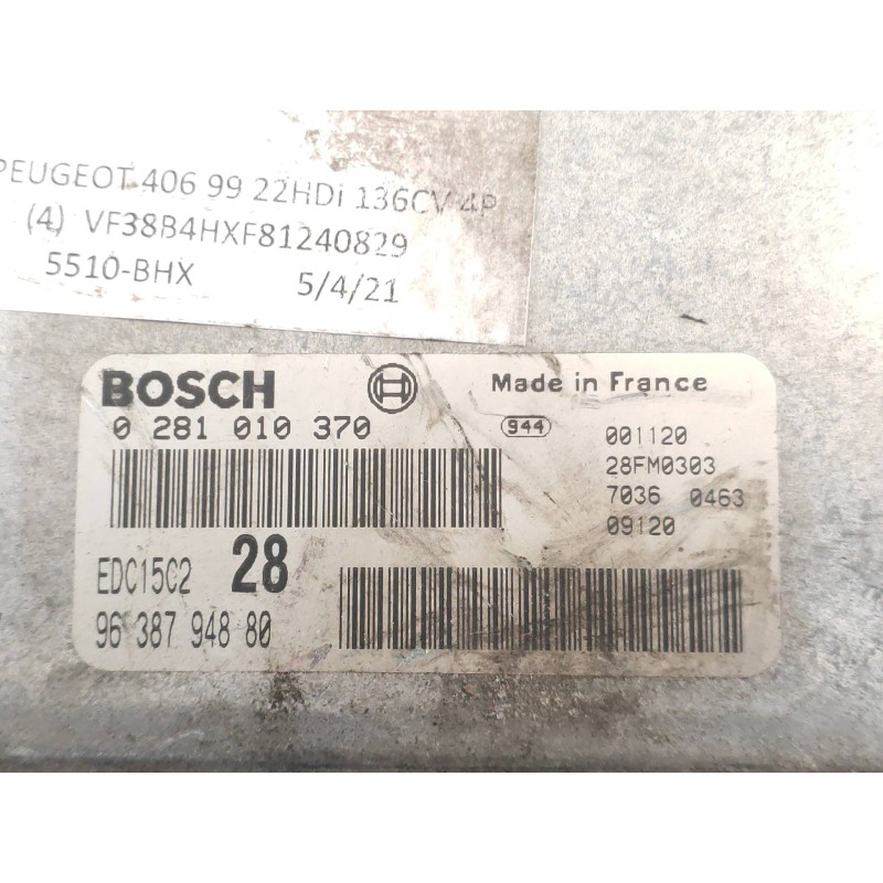 Recambio de centralita motor uce para peugeot 406 berlina (s1/s2) sv referencia OEM IAM 0281010370 9638794880 EDC15C2 BOSCH
